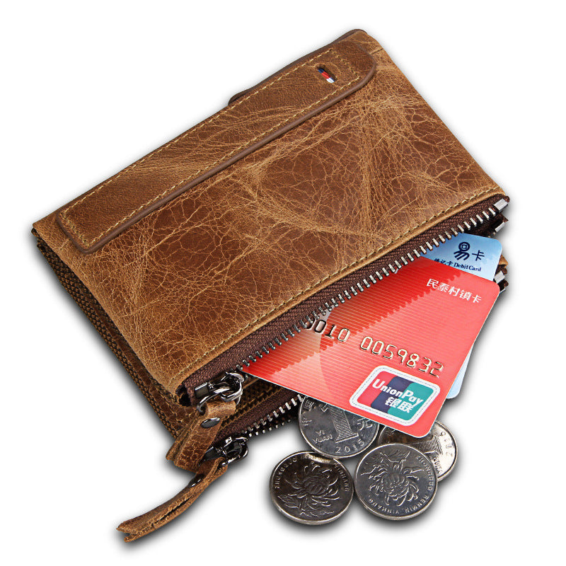 Wholesale Crazy Horse Cowhide Leather Wallet Double Zipper Coin Purse
